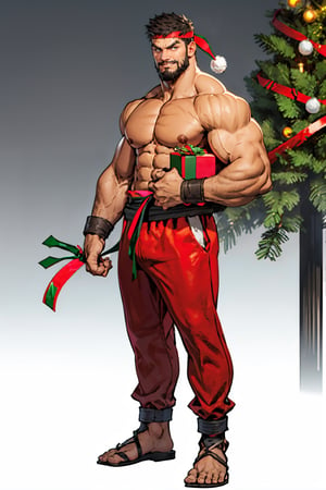 1man, handsome, smile, muscular, beard, detailed face, perfect light,  holding gift box, big box, SF6Ryu, male santa, home, christmas tree, full body, side view, looking_at_viewer,