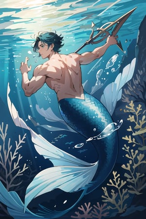 masterpiece, best quality, ultra high res, 1male, male mermaid, manly, muscular, short wave hair, tan skn, green scales, fins on arms, holding trident, under the sea, bubble, fishes, dynamic action, coral reefs, light refracted under the sea. depth of field, perfect light, ,mermaid