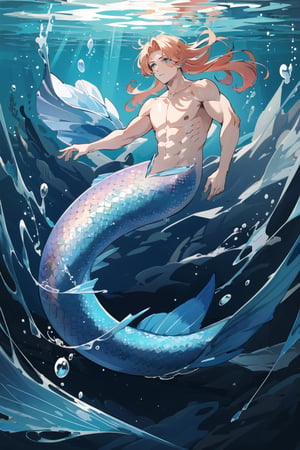 masterpiece, best quality, ultra high res, 1 male mermaid, mermaid, muscular, under the sea, bubble, fishes, dynamic action, coral reefs, light refracted under the sea. depth of field, perfect light, ,mermaid