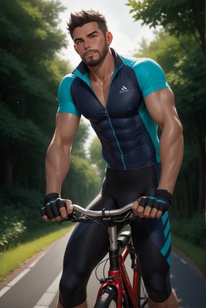 score_9,score_8_up,score_7_up, 1man, handsome, beard, cycling, nake, (pec and abs), (unzipped cycling jacket), (cycling pants), cycling gloves, sweat, front view, lower angle,