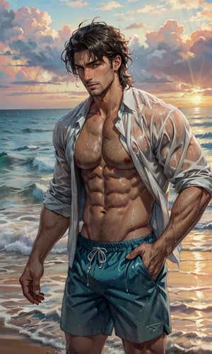 movie poster style, (2man), handsome, stubble, large pectorals, nipples, different hair, different skin, at the beach, sunset, winds, open shirt, shorts, wet, water splash, water droplets, oil painting feeling, Detailed face, detailed eyes, best quality, 