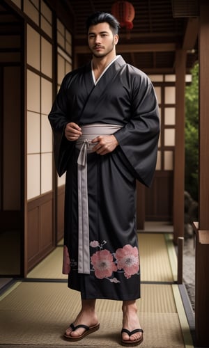 solo male, Japanese, black hair, black eyes, facial hair, thick eyebrows, scar on face, sideburns, (yukata), (kimono), japanese sandals, mature, handsome, charming, alluring, standing, full body, perfect anatomy, perfect proportions, best quality, masterpiece, high_resolution, dutch angle, cowboy shot, photo background, muscular, beefy, intricate details