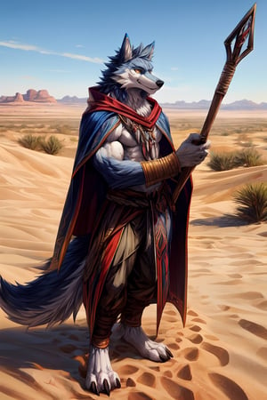 1boy, anthro, wolf, grey-blue fur, muscular, cloak, langot, Carved long staff, perfect anatomy, (desert), detailed face, detailed finger, perfect light, best quality, high res, ultra hd,Furry