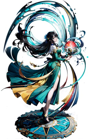 masterpiece, (best quality:1.5), [(white background:1.15)], (1woman), black hair, long hair, (holding orb), wind, beautiful, green colthes, Gorgeous floor-length dress, ((rainbow)), Colorful light, side view, Repair cracks before eyes,