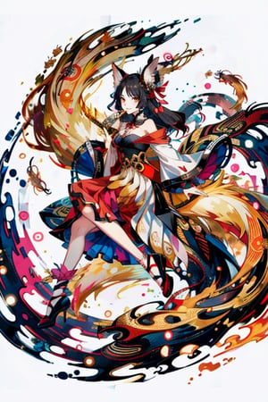masterpiece, (best quality:1.5), [(white background:1.15)], (1woman), long hair, beautiful, coquettish, charming smile, golden with red strapless dress, (fan), fair skin, ((nine-tailed fox)), pink fog, 