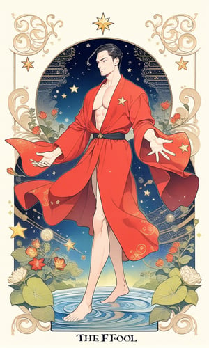 1man, wearing red robe, nude, show chest, muscles, large pectorals, black hair, hair slicked back, full body, fractal art, tarot card design, botanical illustration, classic, elegant flourishes, lofi art style, retro, cube star, (text that says "THE FOOL"), best quality, masterpiece, extremely detailed, intricate details,  
