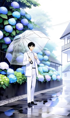 It was raining. A man in a white suit held a transparent umbrella and stood beside the road in a residential area to protect the kitten from the rain. Hydrangeas were blooming behind the residential wall.
masterpiece, 8K, fresh style,