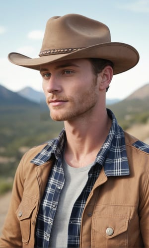 score_9, score_8_above, Masterpiece, Best Quality,  (Award-winning),  (Film Lighting),  (Extremely Detailed),  (Epic), 1 male, upper body focus, cowboy, plaid shirt, jeans, cowboy hat, handsome, wild, wind, mountain background, stubble, unbuttoned, clothes open, aviator bomber jacket, hairy chest, high detail, best quality, Movie Still, from side view,