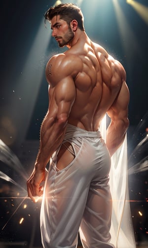 1man, shiny skin, facial hair, standing on stage, wearing loose white transparent clothes masterpiece, highly detailed face and skin, realistic, mature, stubble, muscular, handsome, male focus, light particles, spotlight light from behind, backlight, edge light, showing Muscular outline, best quality, 8k, ,best quality, wind, front,