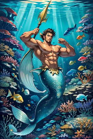 masterpiece, best quality, ultra high res, 1male, male mermaid, manly, muscular,brawny, beefy,short wave hair, (tan skin), (golden scales), (fins on arms),fins on back, trident, under the sea, bubble, fishes, dynamic action, coral reefs, light refracted under the sea. depth of field, perfect light, ,mermaid foucs,