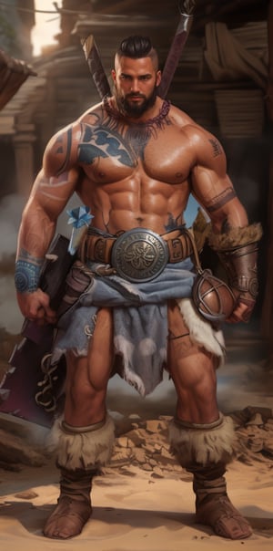 1 male, mature, barbarian, beefy, blue tattoo,