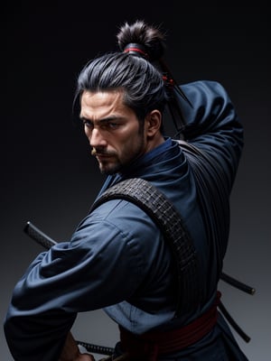 1man, samurai, handsome, protruding pecs, stubbles, japanese samurai clothing, black_hair, Hair tied back, few locks of hair hang down on the forehead, blue cloth, katana, maple leaf, wind, dynamic angle, battle pose, Masterpiece,  Intricate details,  hdr,  depth of field,  (full body view),  Portrait,
