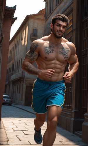 (Handsome European guy, 25year old:1.6), (Running theme:1.4), bare shoulders, muscle fit man, earphone, very softly morning beam, outdoor, sweat droplets,realism dynamic lighting and shadow, best quality, masterpiece, (muscular latina-asian guy, 18year old:1.4), (tattoos of (words) on body:1.2), (a gentle smile:1.1), cinematic lighting, ambient lighting, sidelighting, cinematic shot, head to thigh portrait, beautiful and aesthetic, vibrant color, Exquisite details and textures, cold tone, ultra realistic illustration, siena natural ratio, anime style,  ultra hd, realistic, vivid colors, highly detailed, perfect composition, ultra hd, 8k, inner glow, stunning, mythical being, energy, molecular, textures, iridescent and luminescent scales, breathtaking beauty, pure perfection, divine presence, 