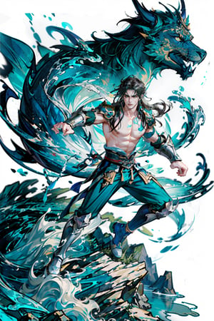masterpiece, (best quality:1.5), [(white background:1.15)], 1boy, handsome, (no beard), (no facial hair), black hair, (long flowing hair), bare arm, bare hands, bare chest, 1punch raised up to sky, lunge, (topless), green leg armor, pupple leggins, wind, angry face, (water element), chinese drogan, Shenrong,