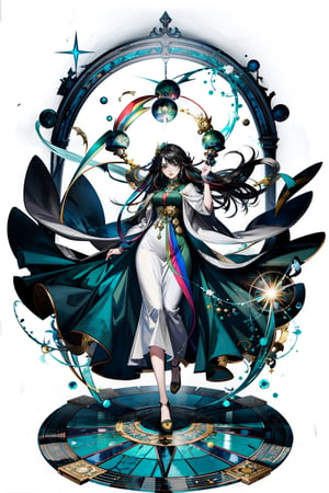 masterpiece, (best quality:1.5), [(white background:1.15)], (1woman), black hair, long hair, (holding orb), wind, beautiful, green colthes, Gorgeous floor-length dress, ((rainbow)), 