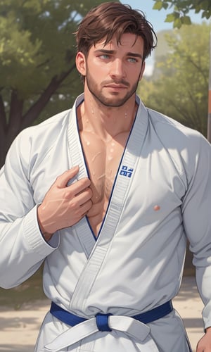 1man,stubble,handsome,(long sleeve judo uniform:1.1), sweaty body, sweaty hair, chest muscles,abs,show chest,8K,masterpiece, super detailed, real, 