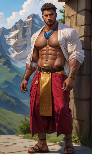 1 Asian man, solo, (beefy), black hair, beard, dark skin, (dark_skinned_male:1.7), pectoralis, half chest exposed, looking at viewer, large pec, mountain_setting, (monk suit), (headkerchief), pelvic_curtain, standing, obi, belt,  sandals, laced_sandals, bracers, 8K, best quality, detailed face,full_body,
