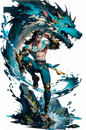 masterpiece, (best quality:1.5), [(white background:1.15)], 1boy, handsome, (no beard), (no facial hair), black hair, long flowing hair, bare arm, bare hands, 1punch raised up to sky, lunge, topless, green leg armor, pupple leggins, wind, angry face, (water element), chinese drogan, Shenrong, 
