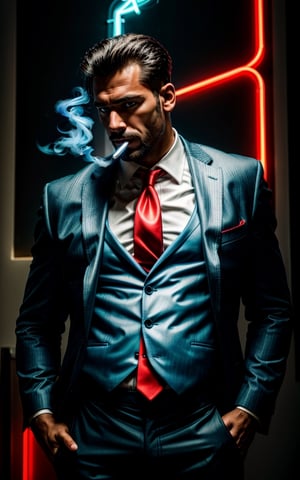 digital painting of a man, shot on Canon 5D Mark II, portrait of a mafia in city street full on neon signboards, smoke from mouth, (with a cigarette in mouth), pants, ((black with red business suit)), (white shirt), (red necktie), (balck hair), angry, BREAK ((blue neon lights)),  add lightsource to front, (mouth open:0.5), Leaning lazily against the wall, cinematic, best quality, masterpiece, intricate details, dynamic pose, dynamic angle, ((surrealism)), ((romanticism)), ((oil painting \(medium\):1.2)), (illustration), huge-muscles, (large pectorals), sharp focus, soft lighting, vibrant colors, cinematic photography, volumetric lighting, film grain, hard shadows,Masterpiece