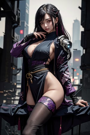 (legs opened, red long hair) masterpiece, best quality, high resolution,  female_solo , (1 sexy revealing kunoichi with perfect slender body proportion), (highly detailed beautifully colored warrior onepiece costume) , (detailed kimono obi with tassels and patterns) , (black stockings) , (pink and purple lightings in the dark night) , (full length body+Dutch angle shot), (sexy pose),  (highly detailed background of ancient Japanese achitechture + cyberpunk buildings) ,Cyberpunk,A Traditional Japanese Art,Sexy Pose,perfect fingers, cyberpunk style