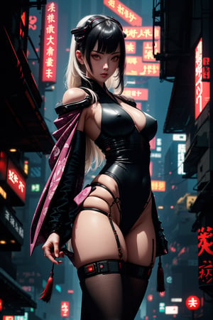 (legs opened, white long hair) masterpiece, best quality, high resolution,  female_solo , (1 sexy revealing kunoichi with perfect slender body proportion), (highly detailed beautifully colored warrior onepiece costume) , (detailed kimono obi with tassels and patterns) , (black stockings) , (pink and purple lightings in the dark night) , (full length body+Dutch angle shot), (sexy pose),  (highly detailed background of ancient Japanese achitechture + cyberpunk buildings) ,Cyberpunk,A Traditional Japanese Art,Sexy Pose,perfect fingers, cyberpunk style