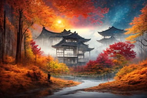 ((autumn, snowing , double exposure)) dim light, muted color, Dutch angle, (ultra detailed background of a completely white, ancient Japanese buildings), harmonious composition, epic art work, extremely long shot, view, landscape, double exposure 