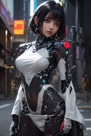 Sexy Pose on a motorcycle , (masterpiece),(solo), 1 Indian beauty, white hair ,  (high sexual attraction,long hair), in the dark night, (sexy Indian dress kurti+body implants) ,(highly detailed background of ancient Indian achitechture with neon lights) ,Cyberpunk,Enhance, Indian Culture 