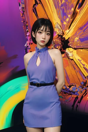 90’s Japanese film poster style, (masterpiece),(Satomi) , perfect anatomy, (modern fashion one-piece dress), dim light, muted color, ((ultra detailed background of modern psychedelic decoration in a dim lighting room)) , blue front spot light , purple side light, (short hair),Sexy,girl,perfect,Enhance, FUJI, Satomi