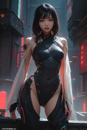 Sexy Pose , (masterpiece),(solo), 1 Japanese beauty, white hair ,  (high sexual attraction,long hair), in the dark night, (sexy Chinese Hanfu+body implants) ,(highly detailed background of ancient Indian achitechture with neon lights) ,Cyberpunk,Enhance,  Chinese fantasy art