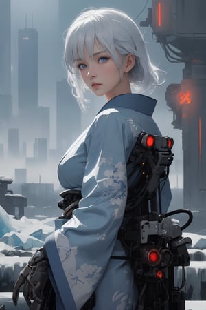 Best picture quality, high resolution, 8k, realistic, sharp focus, realistic image of a Japanese beauty, supermodel, pure white hair, blue eyes, wearing high-tech cyberpunk style blue kimono , radiant Glow, ice theme, custom design,swordup, looking at viewer