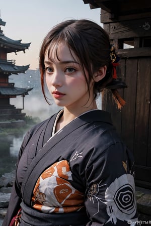 ( 1 sexy Japanese Kunoichi:1.2) (autumn, snowing), wet ,(revealing warrior costume:1.2), dim light, muted color,Impressionism, (ultra detailed background of a ancient Japanese buildings), harmonious composition, epic art work, Hashimoto Kanna, Cyberpunk style