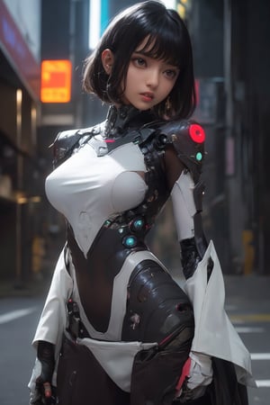 Sexy Pose on a motorcycle , (masterpiece),(solo), 1 Indian beauty, white hair ,  (high sexual attraction,long hair), in the dark night, (sexy Indian dress kurti+body implants) ,(highly detailed background of ancient Indian achitechture with neon lights) ,Cyberpunk,Enhance, Indian Culture 