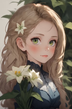 ((solo waist-up portrait))A gentle girl, around 11 years old, with long straight blonde hair and green eyes. She often wears simple dresses, giving a fresh and natural look.Lily is kind, patient, and deeply caring about the environment. She is knowledgeable in gardening and ecology, and very understanding of others' needs and feelings.