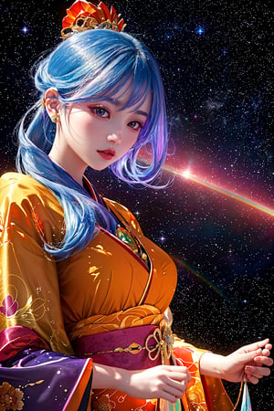 masterpiece, Extreme Detailed,beautiful Prism light,stardust,rainbow-colored light,
Glass made ultra Detailed transparent oiran Girl,ultra transparent,wearing luxury high-tech kimono,walk,outer space in the background , color magics, dancing oiran 
