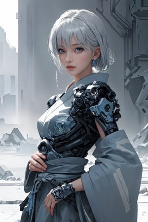 Best picture quality, high resolution, 8k, realistic, sharp focus, realistic image of elegant lady, Japanese beauty, supermodel, pure white hair, blue eyes, wearing high-tech cyberpunk style blue kimono , radiant Glow, ice theme, custom design, 1 girl,swordup, looking at viewer,JeeSoo 