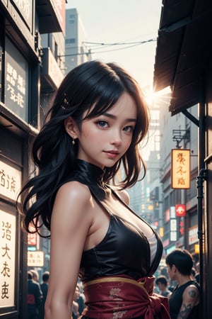 (bending foward and smiling), (masterpiece), a beautiful Japanese 18-year-old kunoichi with medium wavy hair, ninja open clothes, sleeveless , sexy and attractive, black armors, surrealism, chiaroscuro, colorful movie lights , Lens Flare, From Outside, Ultra HD,cyberpunk , Textured Skin, High Detail, High Resolution, cbpkv5,YAMATO,A traditional Japanese Art