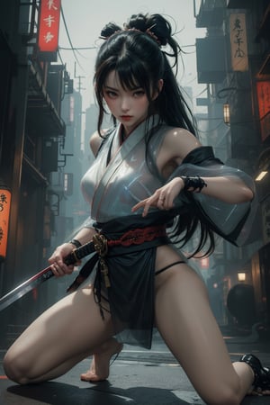 ((dynamic pose with legs opened)), masterpiece, 1 kunoichi, muted color+soothing tones, ((white long hair)), (black transparent plastic warrior kimono+body implants,holding a katana) ,(at night),Cyberpunk,A Traditional Japanese Art,Enhance