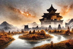 (autumn, snowing) , ((double exposure, glamorous scale, long exposure)) dim light, muted color, Dutch angle, (ultra detailed background of a completely white, ancient Japanese buildings), harmonious composition, epic art work, extremely long shot, view, landscape, double exposure 