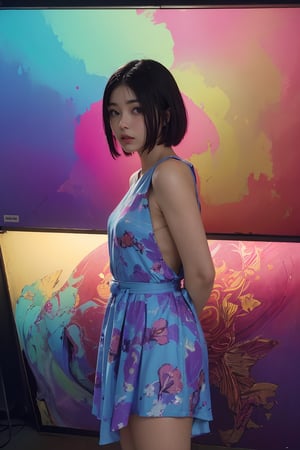 (80’s American movie poster style) , (masterpiece),(Satomi) , perfect anatomy, (modern fashion one-piece dress), dim light, muted color, ((ultra detailed background of modern psychedelic decoration in a dim lighting room)) , blue front spot light , purple side light, (short hair),Sexy,girl,perfect,Enhance, FUJI, Satomi