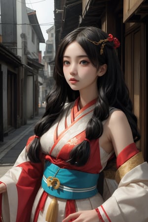 ((attractive pose , traditional kimono,picturing her elegance and coldness)), (masterpiece), a super beautiful 15 years old Japanese girl with medium wavy hair, sleeveless beautifully revealing decorated onmyoji costume,golden hair ornaments , sexy and attractive, surrealism, chiaroscuro, colorful movie lights , in an ancient city under a colorful dusk, Lens Flare, From Outside, Ultra HD, cyberpunk  , Textured Skin, High Detail, High Resolution, babai