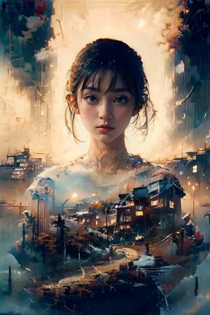 (1 beautiful Japanese girl Satomi standing in the middle:1.0), (autumn, snowing), (water color style, double exposure, grey scale, long exposure) dim light, muted color,Impressionism, Dutch angle, (ultra detailed background of a ancient Japanese buildings on Pluto), harmonious composition, epic art work, extremely long shot, view, landscape, double exposure ,Satomi