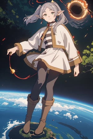 masterpiece , full body, dynamic pose, (slightly smiling with closed mouth), ( frieren, green eyes, grey hair, parted bangs, long hair, twintails, pointy ears, dangle earrings, black pantyhose, brown boots ),(anti-gravity in the air), ((holding a small black hole)), frieren, forests 