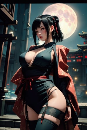 masterpiece, best quality, high resolution,  female_solo , (1 sexy revealing dressed kunoichi with perfect slender body proportion), (highly detailed traditional beautifully colored warrior onepiece costume textured) , (detailed kimono obi with tassels and patterns) , (black stockings) , (1 big moon in the dark night) , (full length body+Dutch angle shot), (sexy pose),  (highly detailed background of ancient Japanese achitechture + cyberpunk buildings with neon lights) ,Cyberpunk,A Traditional Japanese Art,Sexy Pose,perfect,hand, cyberpunk style