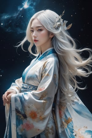 masterpiece, best quality, 16K, (double exposure  photograph:1.5), (full-body shot, random Sexy Pose) , female_solo , (1 Japanese goddess of time who has white long hair) , (ultra detailed revealing Royal kimono) , ((ultra detailed background universe outer space with complex dimensions structures)), (perfect anatomy) ,fantasy, art, Highly detailed, traditional Japanese Art, Sci-fi 