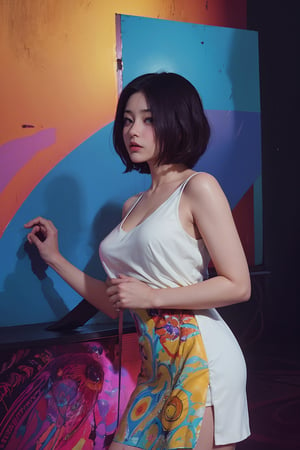 (80’s American movie poster style) , (masterpiece),(Satomi) , perfect anatomy, (modern fashion one-piece dress), dim light, muted color, ((ultra detailed background of modern psychedelic decoration in a dim lighting room)) , blue front spot light , purple side light, (short hair),Sexy,girl,perfect,Enhance, FUJI, Satomi