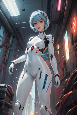 ((random sexy pose with open legs)), full body, (masterpiece),(Ayanami Rei) , perfect anatomy, (white bodysuit) (ultra detailed background of cyberpunk interior)), ((glowing shining crosses behind)) ,(light blue hair),Sexy Pose, color magic,girl,perfect,cyberpunk,Enhance, ayanami_rei,  interface headset