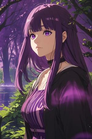 masterpiece , (closed mouth), (Fern, long hair, bangs, purple eyes, purple hair, sidelocks, blunt bangs, black coat), full body, (purple and pink lighting) ,in a forest, by a lake , color magic ,Fern