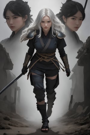 Epic masterpiece of art, ultra realistic , extreme detail description, Christopher Nolan's movie-style poster features a full-body shot of a 16-year-old girl with blue eyes and white hair, embodying the Shinobi of Japan's Warring States Period, An enigmatic female kunoichi, clad in revealing dark ninja costume , This striking depiction, seemingly bursting with unspoken power, illustrates a fierce and formidable female warrior in the midst of battlefield . The image, likely a detailed painting, showcases the intensity of the female ninja's gaze and the intricate craftsmanship of his armor. Each intricately depicted detail mesmerizes the viewer, immersing them in the extraordinary skill and artistry captured in this remarkable 