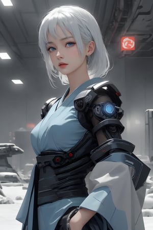 Best picture quality, high resolution, 8k, realistic, sharp focus, realistic image of elegant lady, Japanese beauty, supermodel, pure white hair, blue eyes, wearing high-tech cyberpunk style blue kimono , radiant Glow, ice theme, custom design, 1 girl,swordup, looking at viewer,JeeSoo 