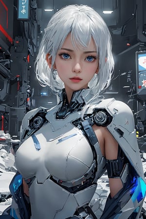 Best picture quality, high resolution, 8k, realistic, sharp focus, realistic image of a Japanese sexy supermodel with an extraordinary sexual attraction , pure white hair, blue eyes, wearing revealing high-tech cyberpunk style kimono , radiant Glow, ice theme, custom design,swordup, looking at viewer